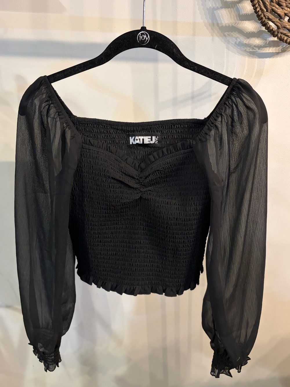 Katie J NYC Black tween Chloe  Smocked Puff-Sleeve Crop Blouse size medium (10)